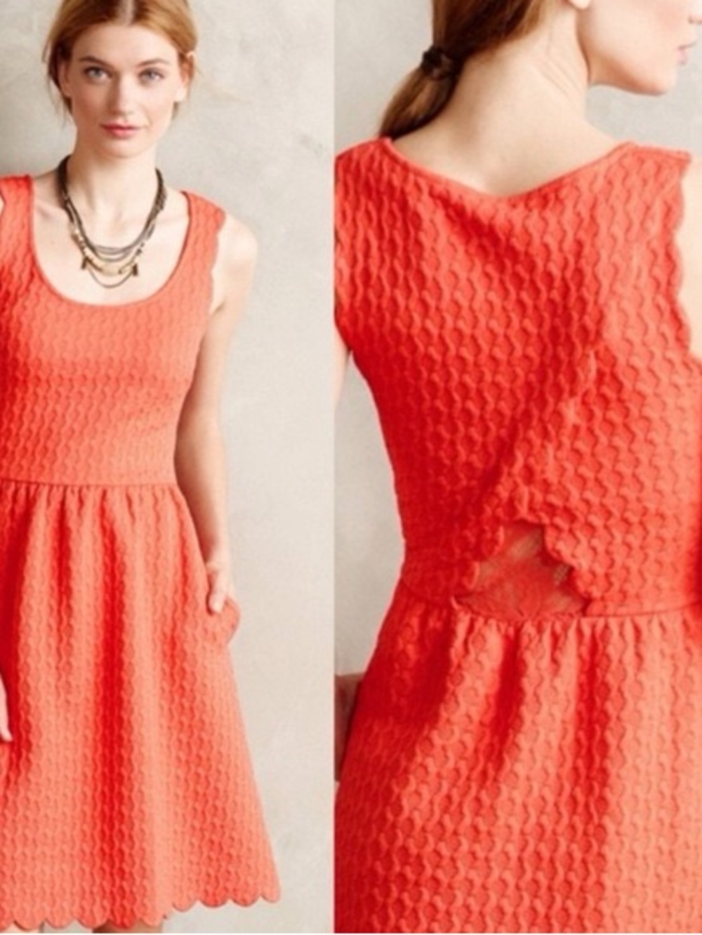 Maeve Coral Scallop-Hem Textured Mini Dress